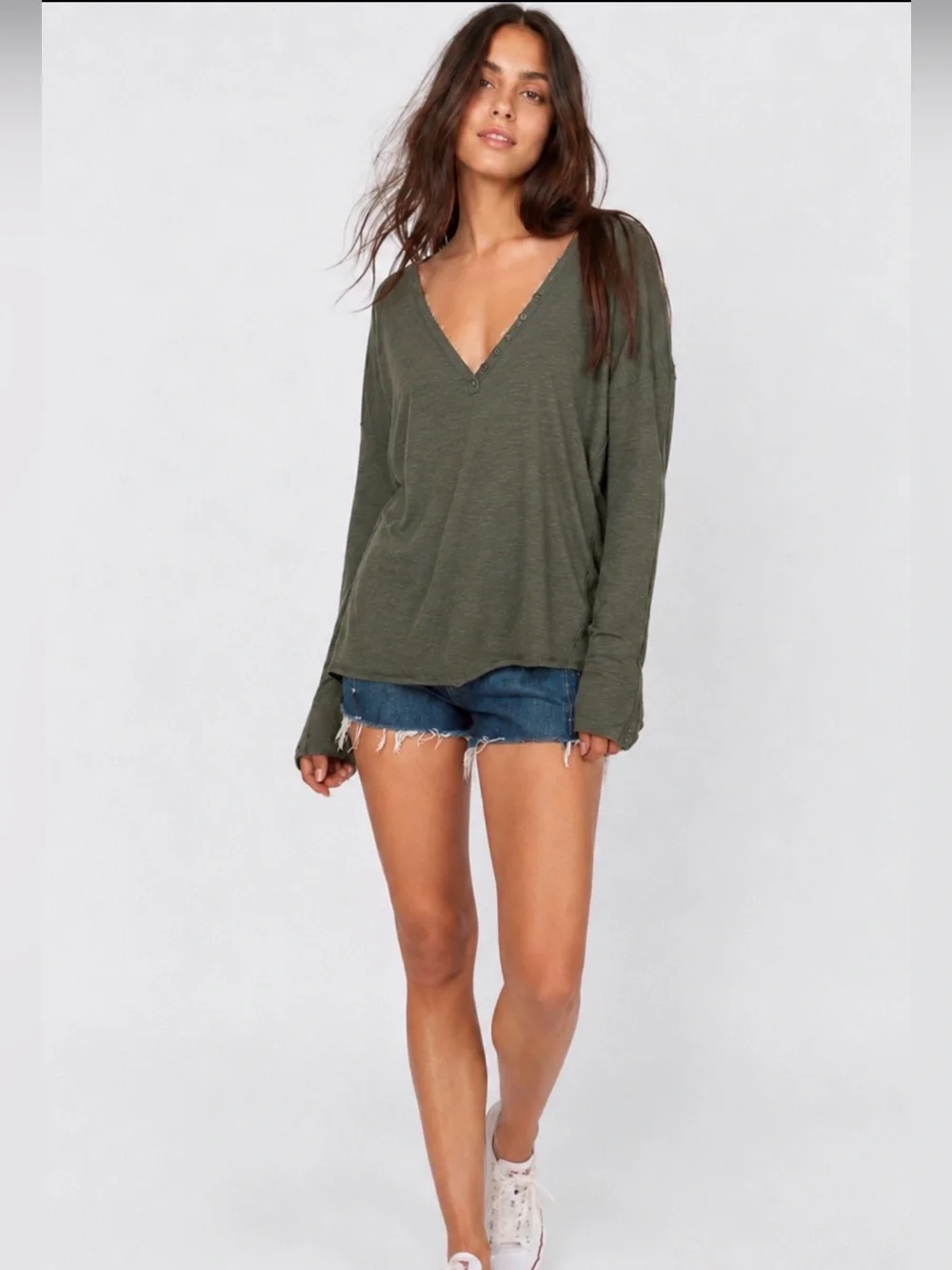 Free People Olive Oversized V Neck Henley Top Slouchy Long Sleeve Small